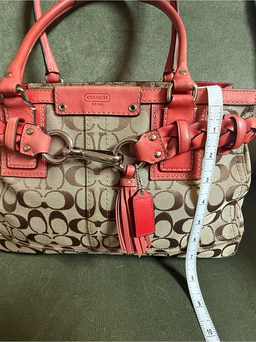 Coach Tan Signature Canvas Tote with Coral Leather Trim
